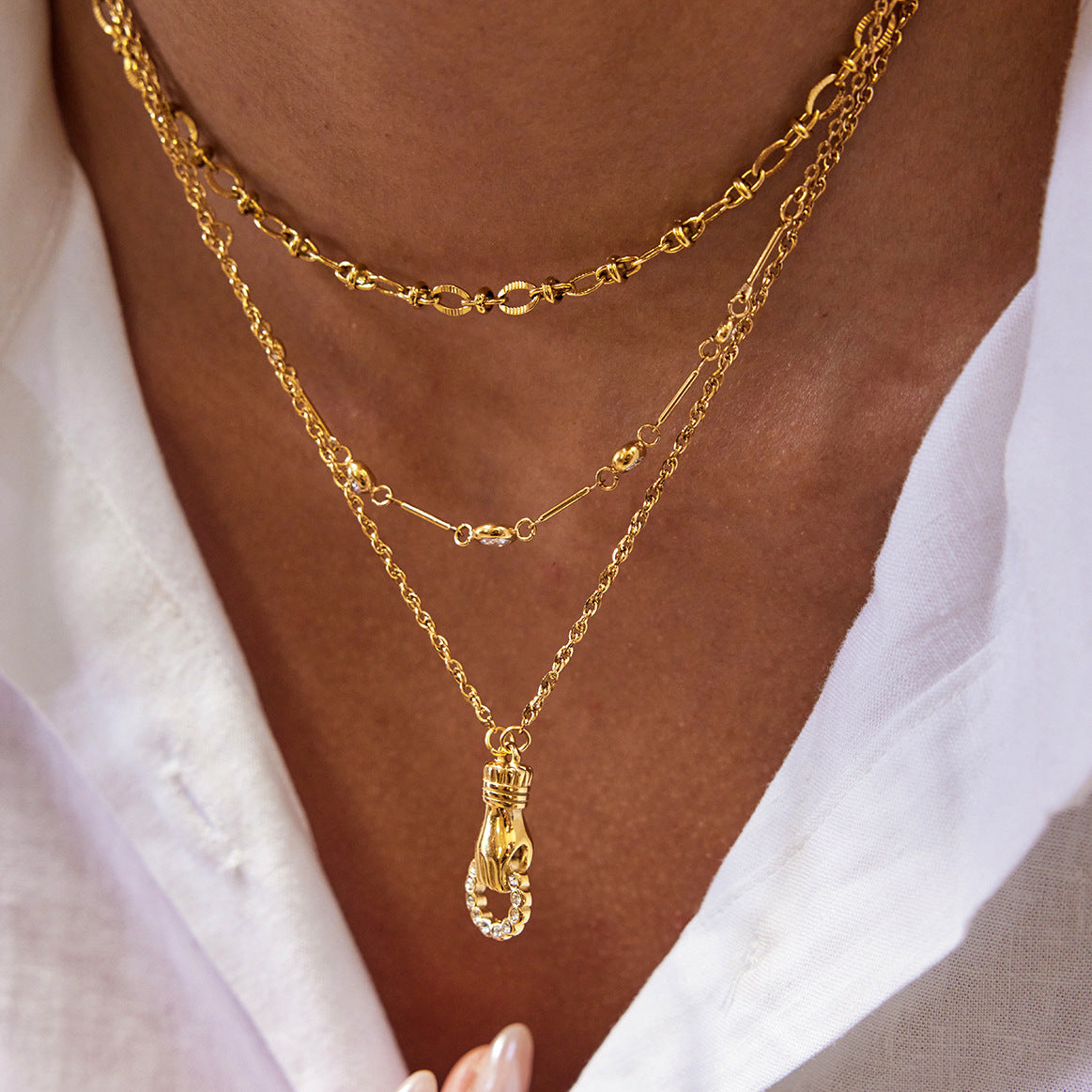 Gold - Plated Hand - Shaped Pendant Necklace with Diamond