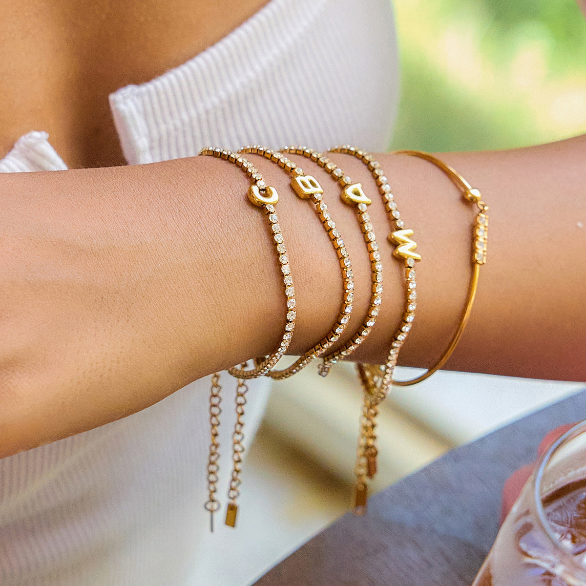 Gold Layered Bracelet Set with Letter Pendants – Stackable Bracelets for Women