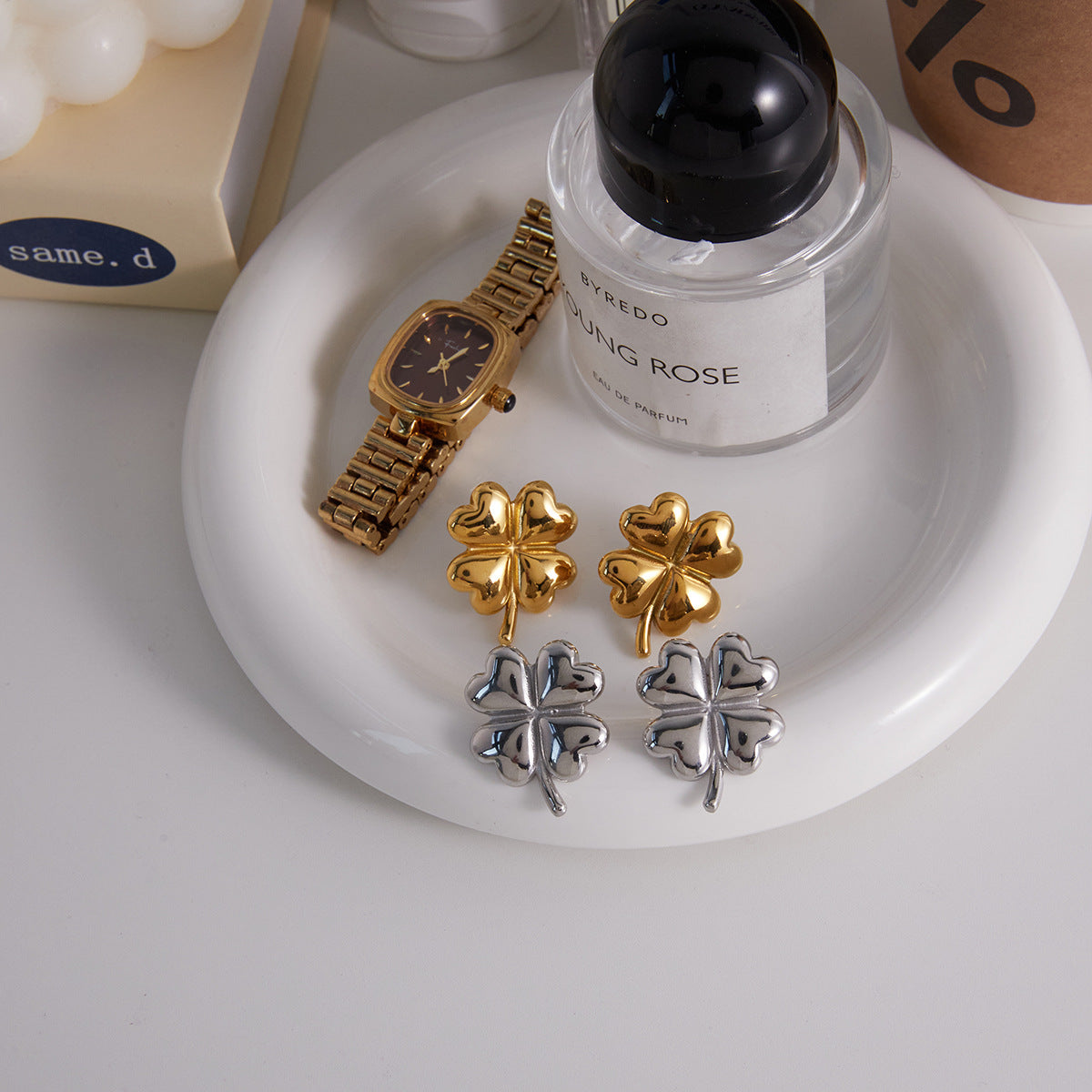 Stainless Steel Four-Leaf Clover Heart Earrings