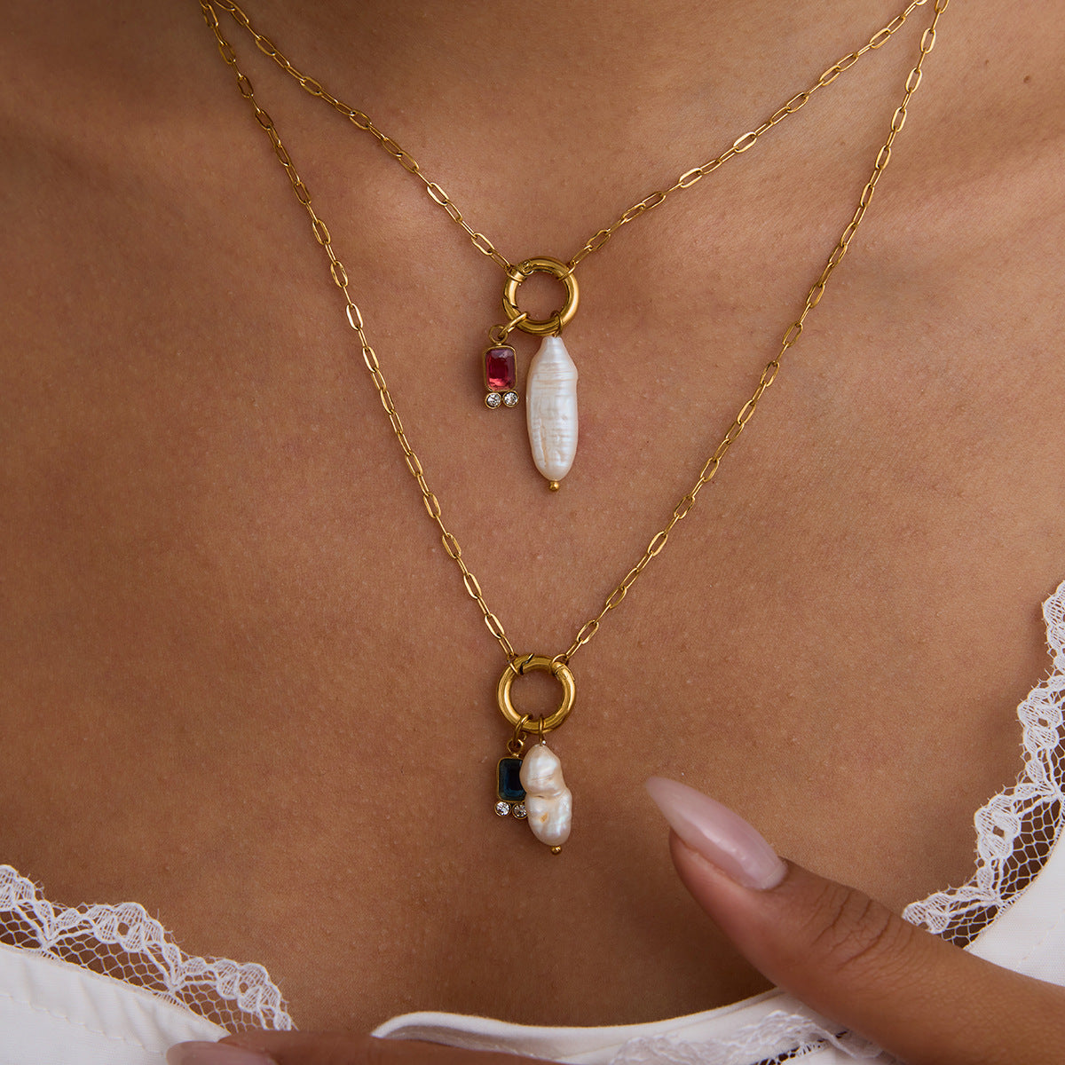 Multicolor Gem - adorned Freshwater Pearl Necklaces
