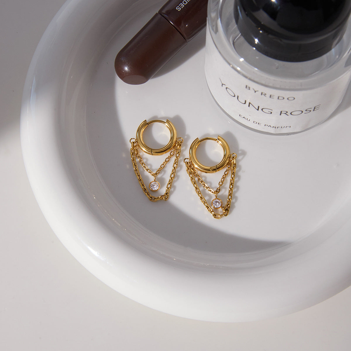 Gold - Plated Hoop Earrings with Chain and CZ Pendant