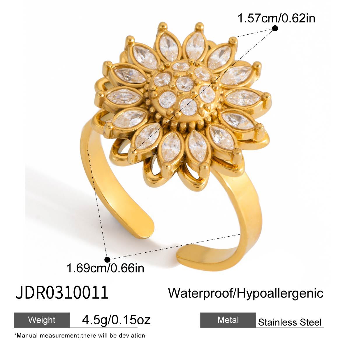 360° Rotatable Flower Ring – Gold Tone Cubic Zirconia Ring for Women