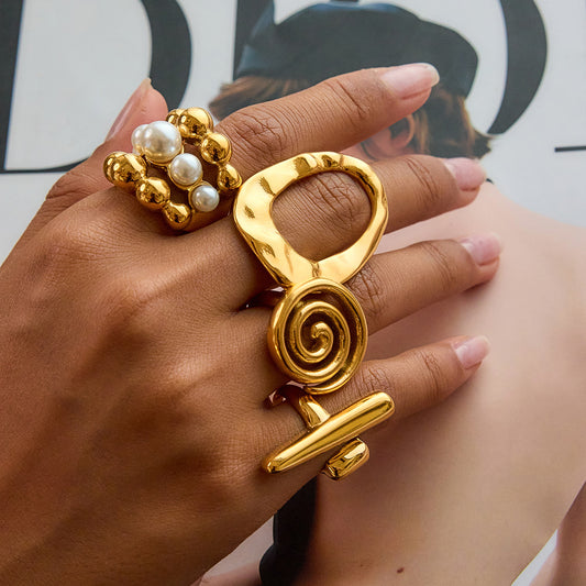 Pearl Cluster Ring & Abstract Spiral Joint Ring Set – Sculptural Statement Rings for Women