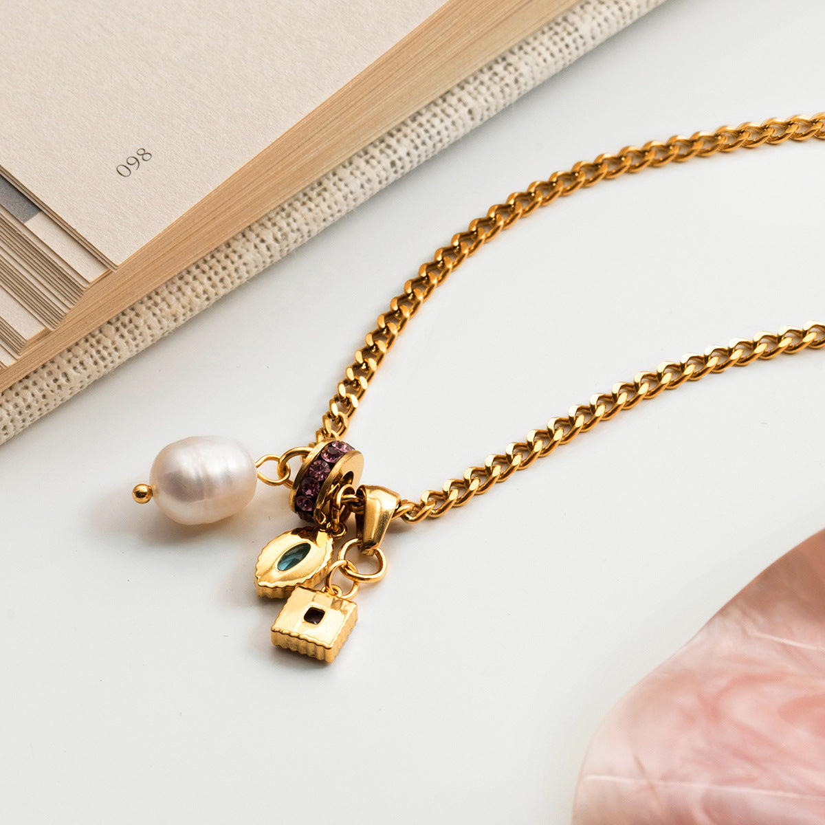 Gold - Plated Choker Necklace with Colorful Charms and Pearl