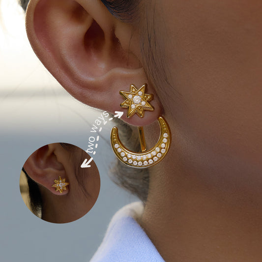 Star & Moon Stainless Steel Zircon Earrings
