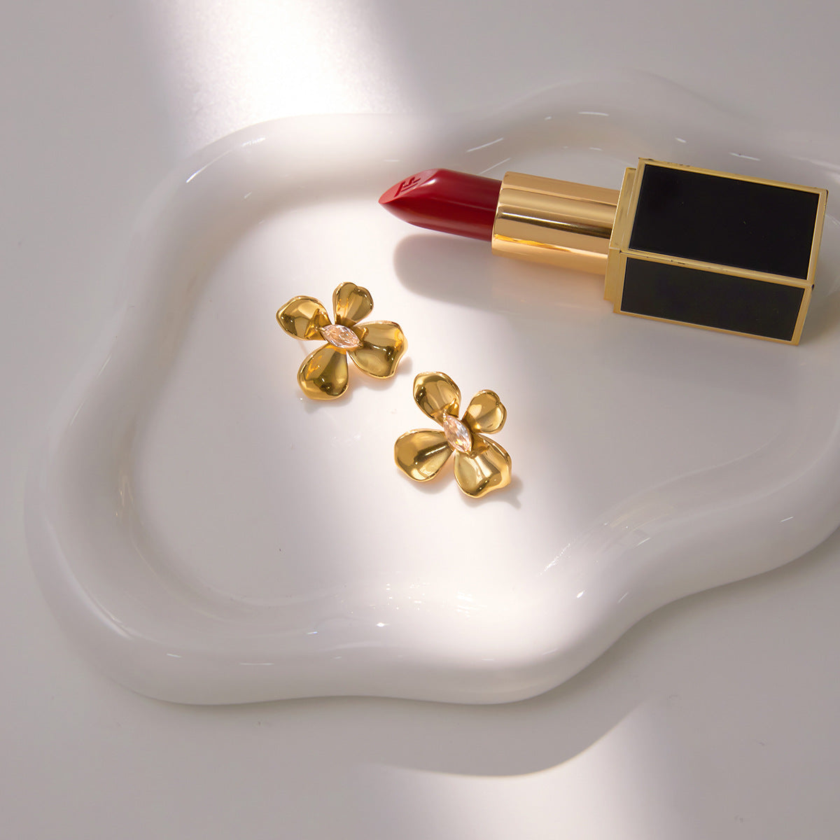 Stainless Steel Flower Zircon Stud Earrings