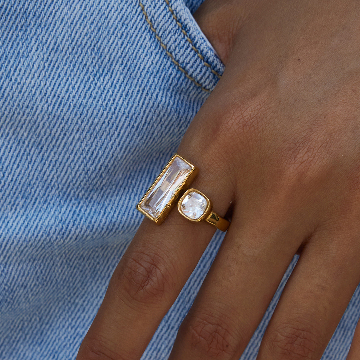 Vintage Two-Stone Ring – Rectangle Cut Crystal & Oval Milky Gemstone, Adjustable Open Band Boho Statement Ring for Women