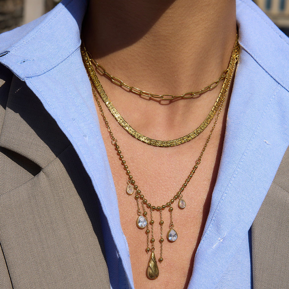 Golden Teardrop - Crystal Dangling Necklace