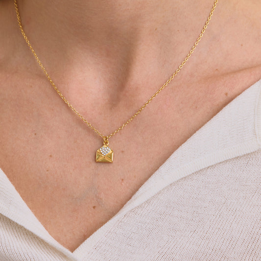 Dainty Gold - Plated Envelope Necklace with Crystal Accent - Delicate Chain Jewelry
