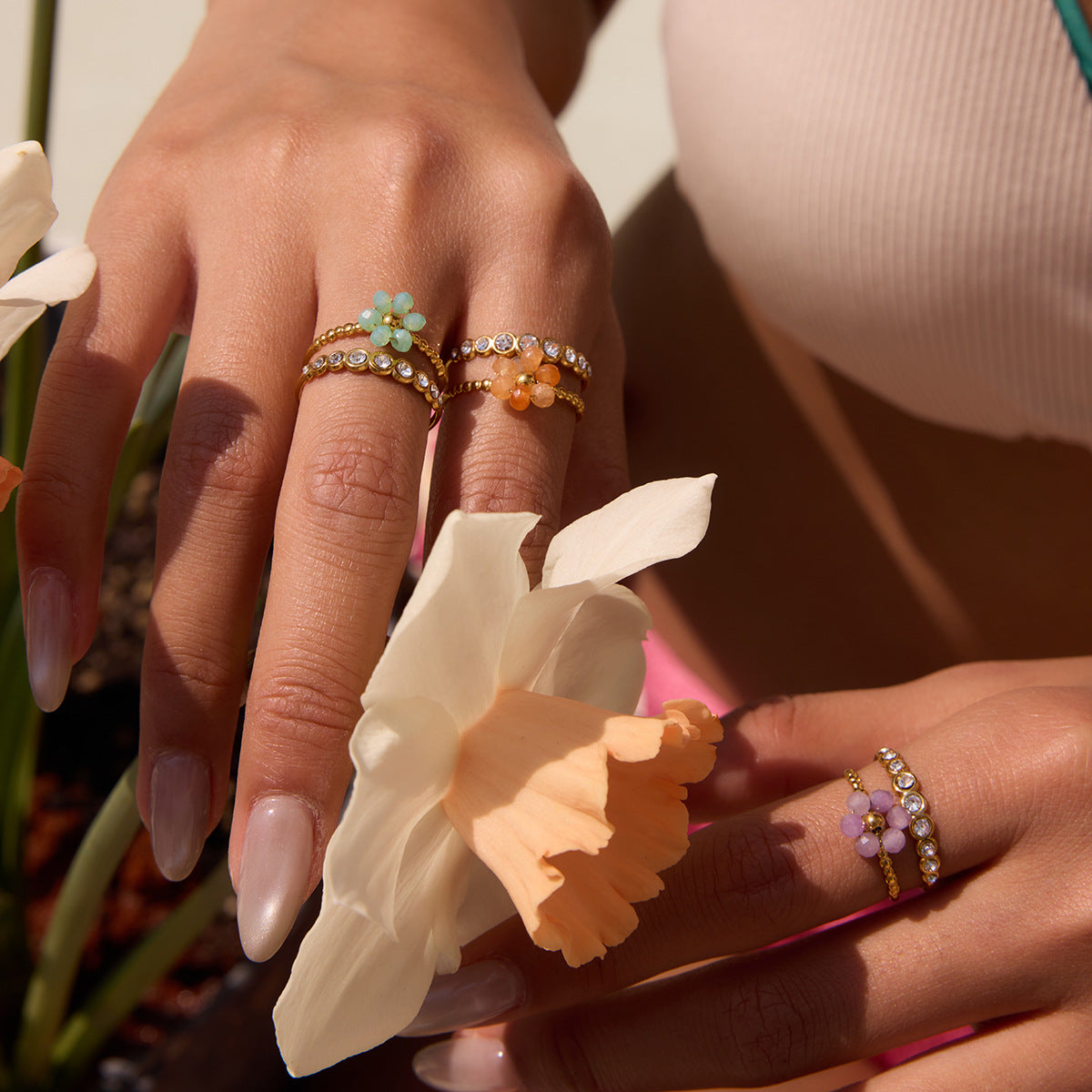 Stainless Steel Crystal Flower Ring