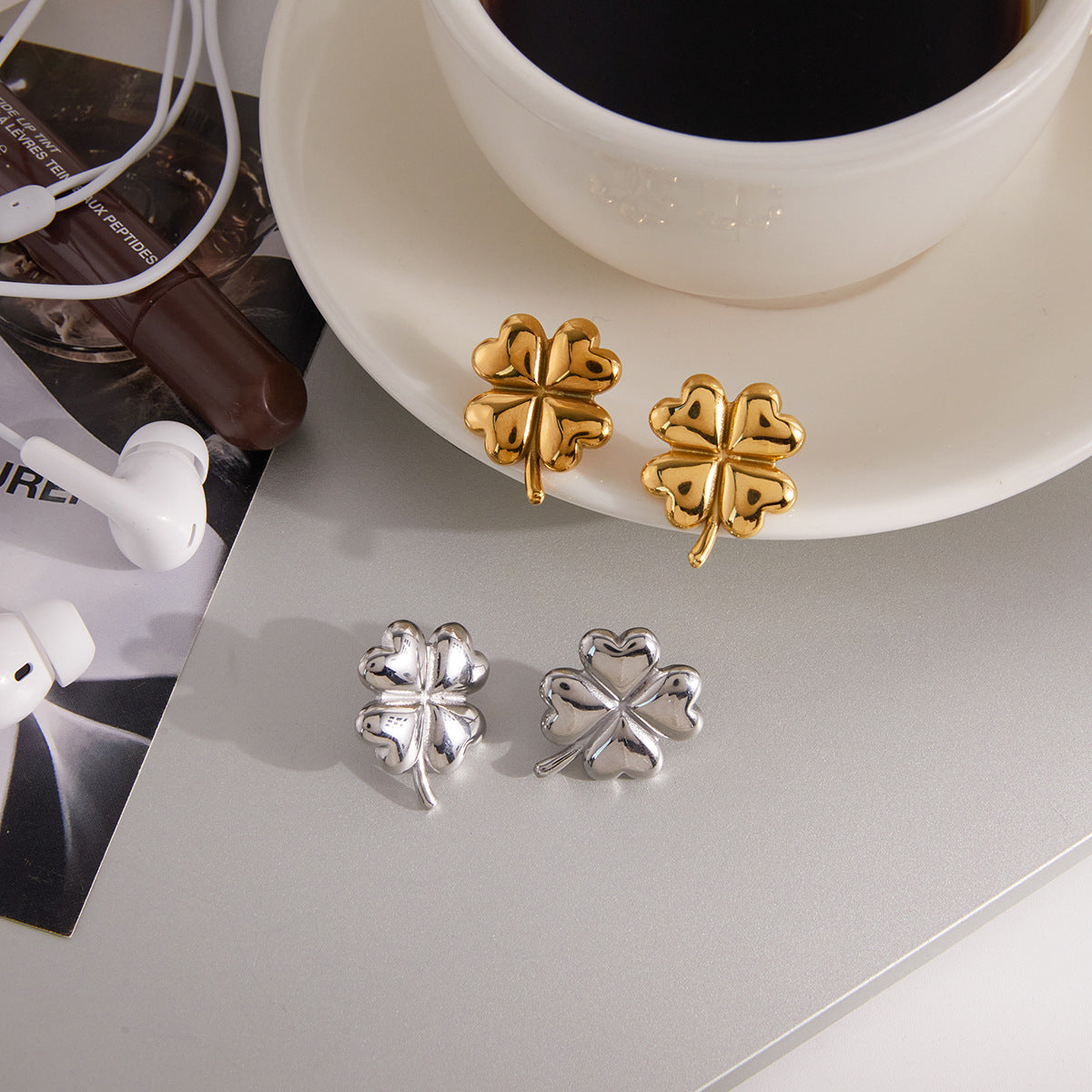 Stainless Steel Four-Leaf Clover Heart Earrings