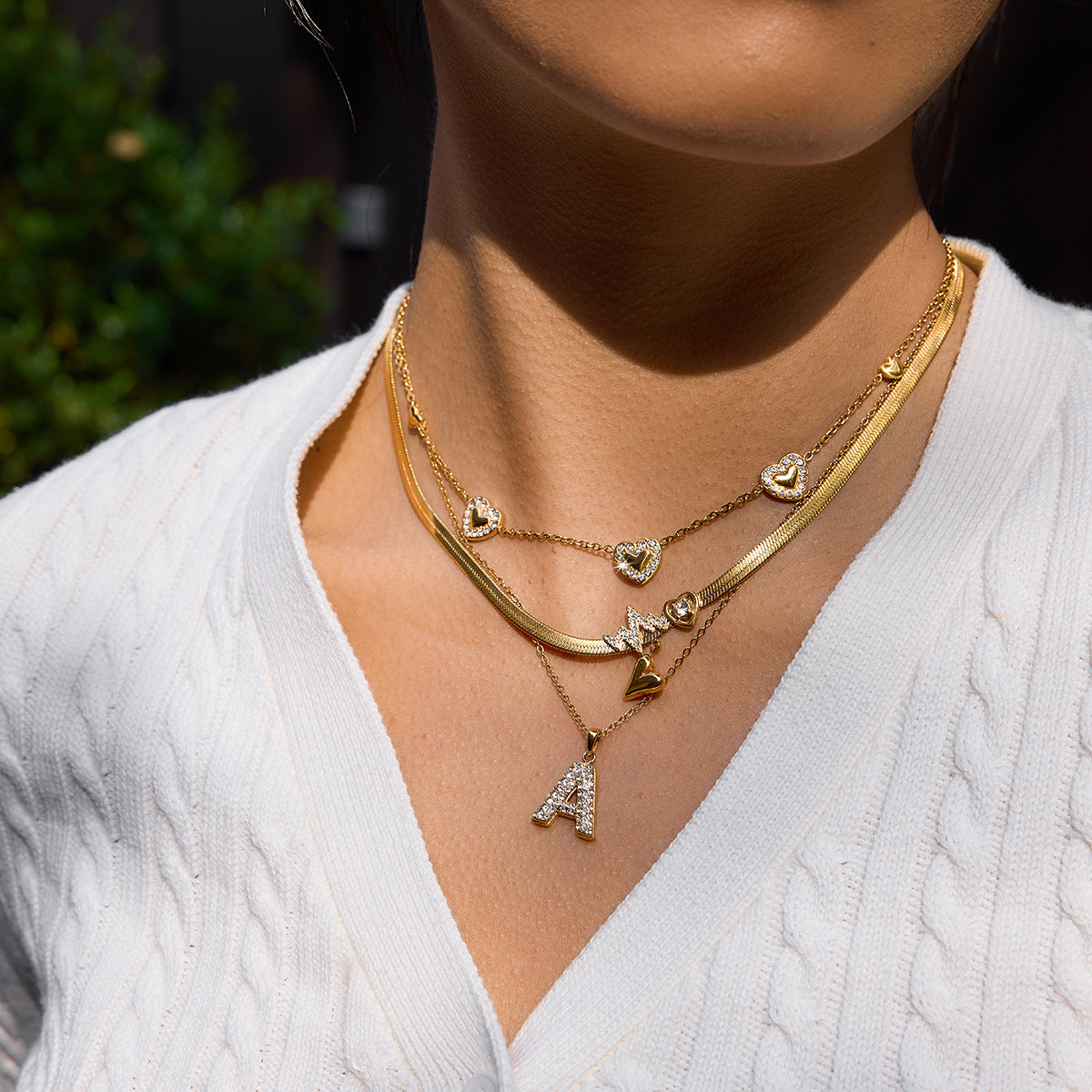Multi - Layered Initial Heart Pendant Necklace Set