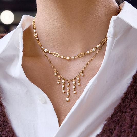 Layered Choker Necklace with Cubic Zirconia - Dangling Chain Jewelry for Women