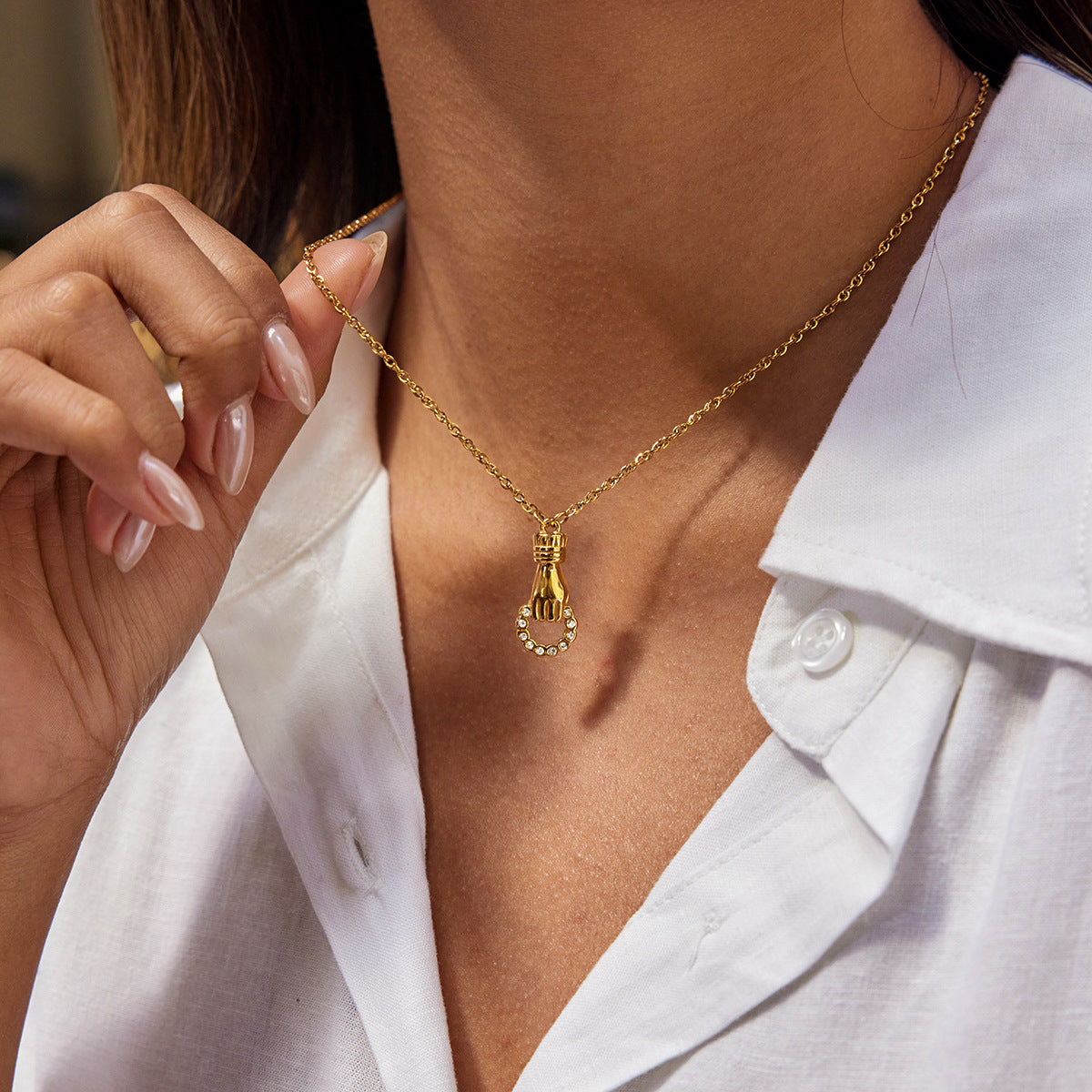 Gold - Plated Hand - Shaped Pendant Necklace with Diamond