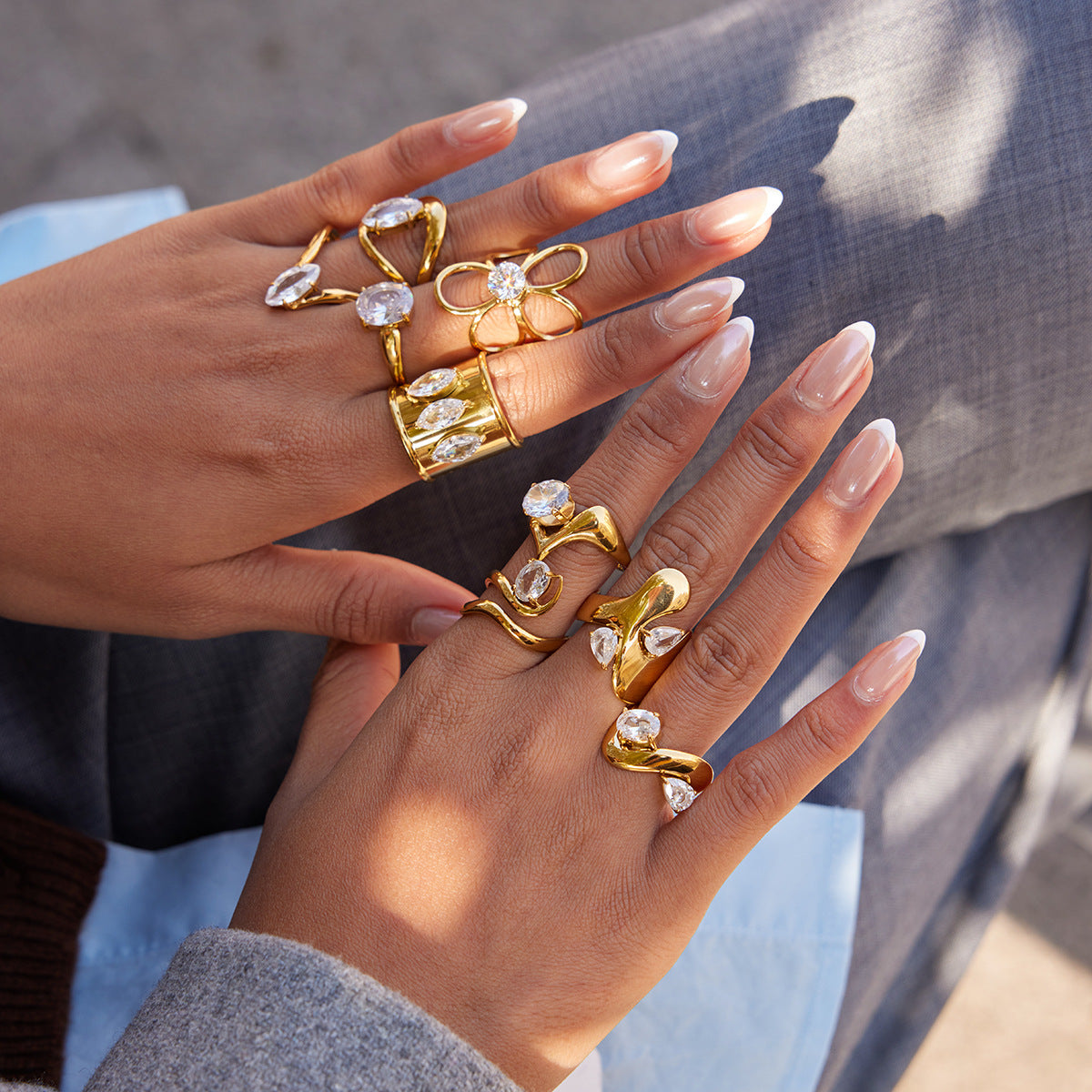 Gold-Tone Stackable Ring Set – Twisted, Snake, Bow Designs with Crystal Accents