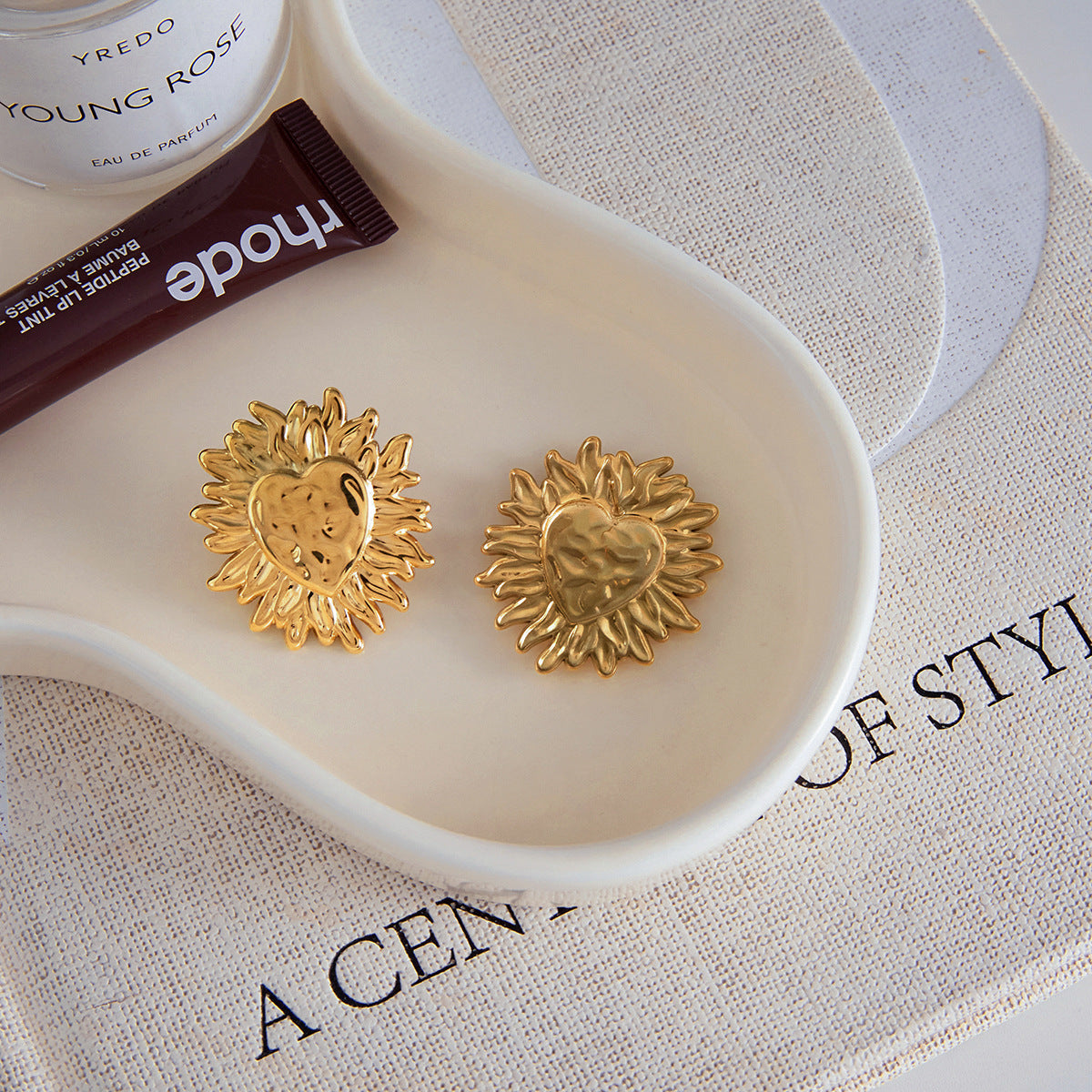 Golden Sun - heart Shaped Stud Earrings