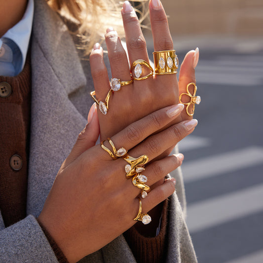 Gold-Tone Stackable Ring Set – Twisted, Snake, Bow Designs with Crystal Accents