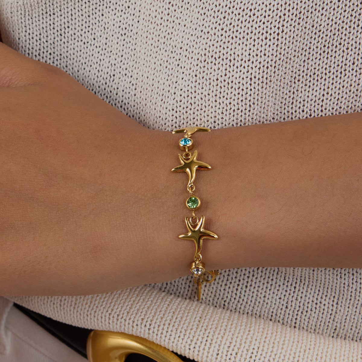 Layered Bracelet Set with Starfish, Seashell & Green Gemstones – Beach Resort Style