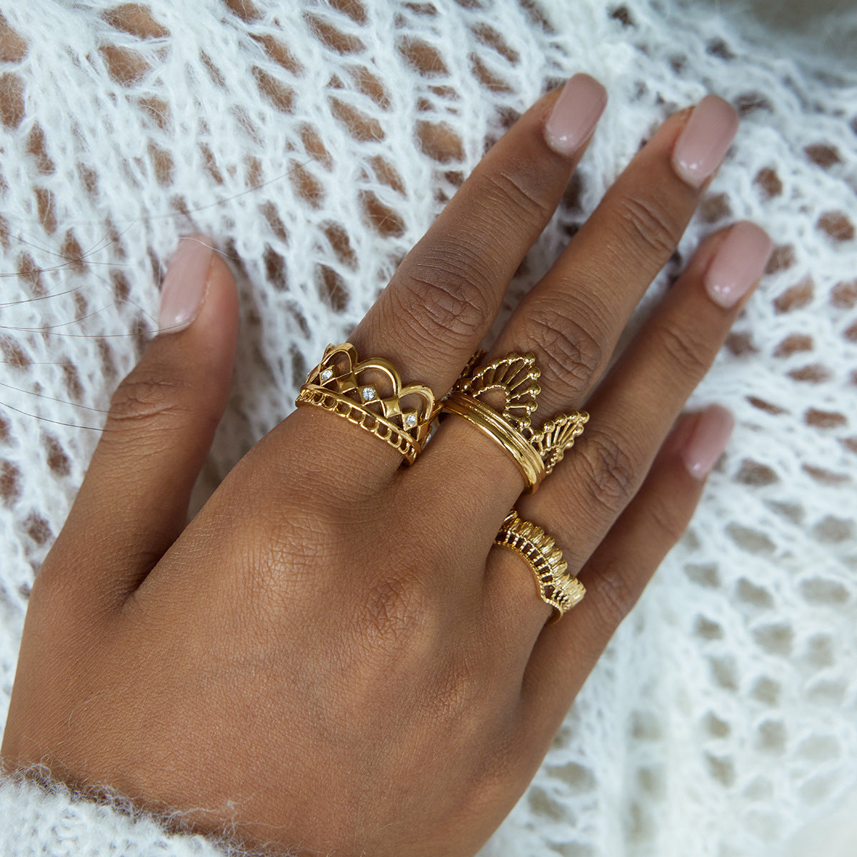 Vintage Stackable Rings – Baroque Crown, Pearl & Lace Design, Statement Finger Rings for Women