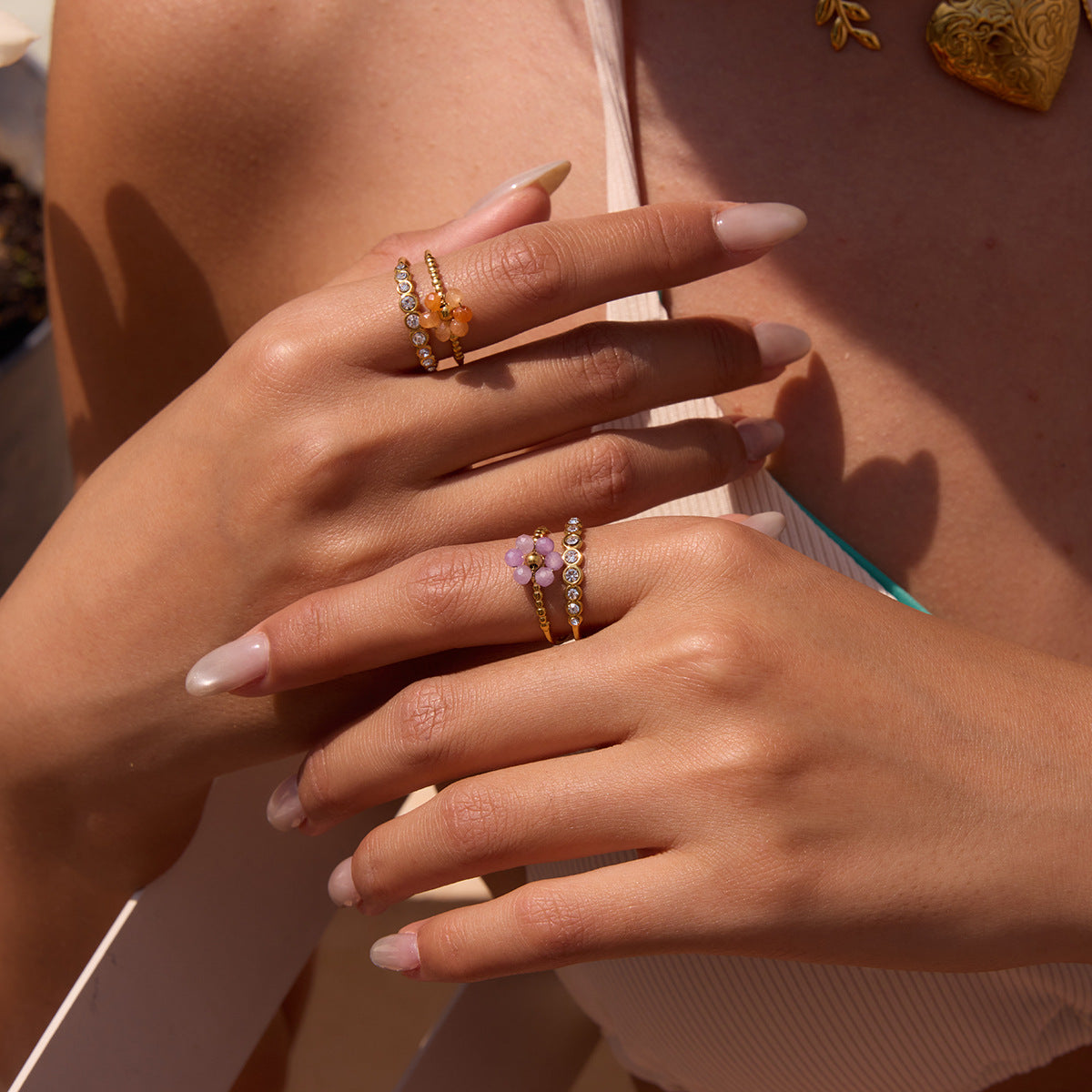 Stainless Steel Crystal Flower Ring