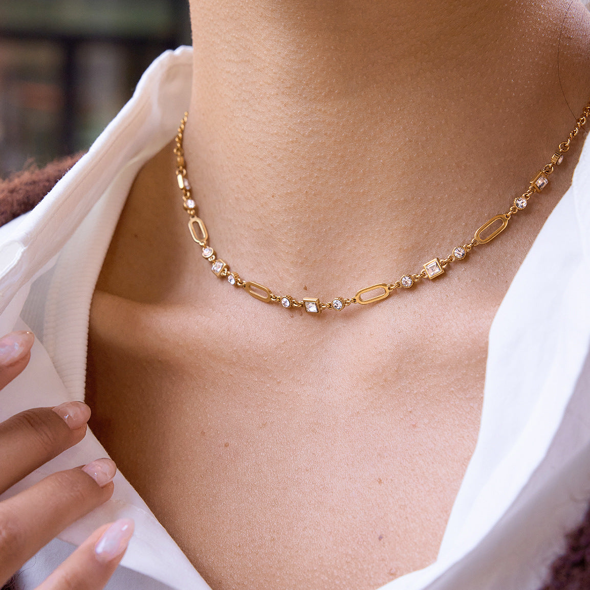 Layered Choker Necklace with Cubic Zirconia - Dangling Chain Jewelry for Women