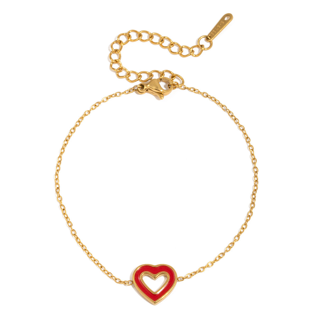 Gold Layered Chain Bracelet Set with Red Enamel Heart