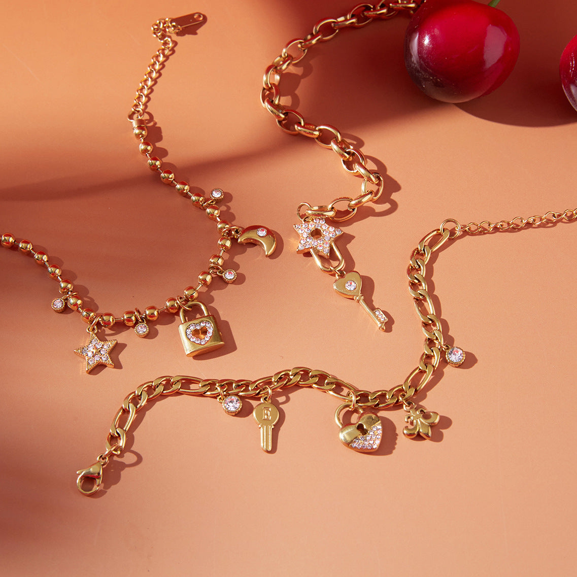 Layered Charm Bracelet– Hearts, Keys & Stars – Romantic Gift for Women