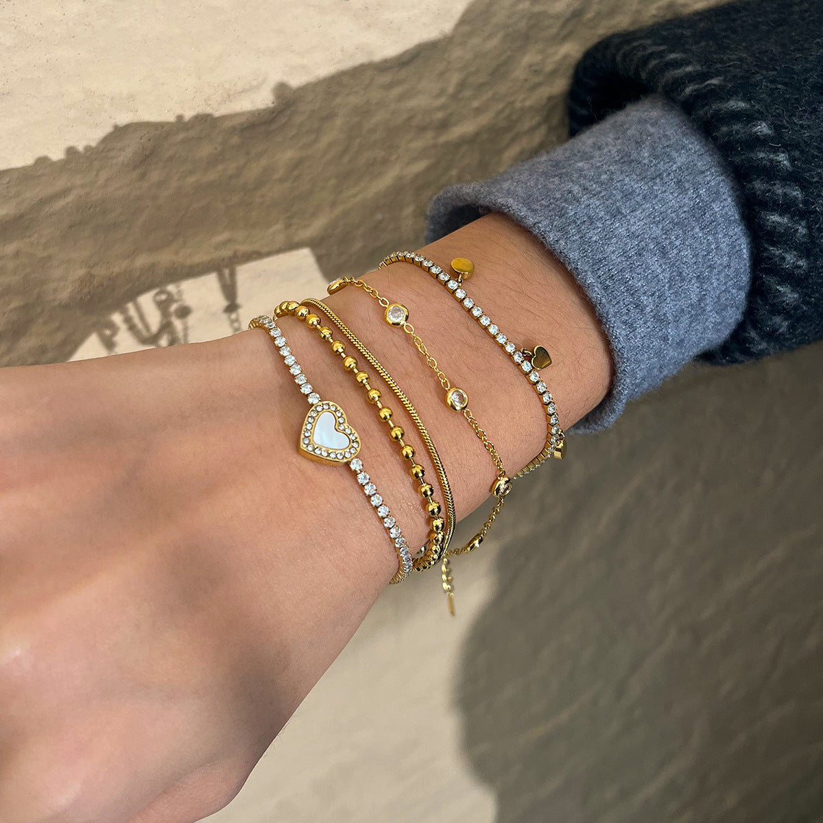 Layered Bracelet Set with Heart Pendant, Beads & Diamonds