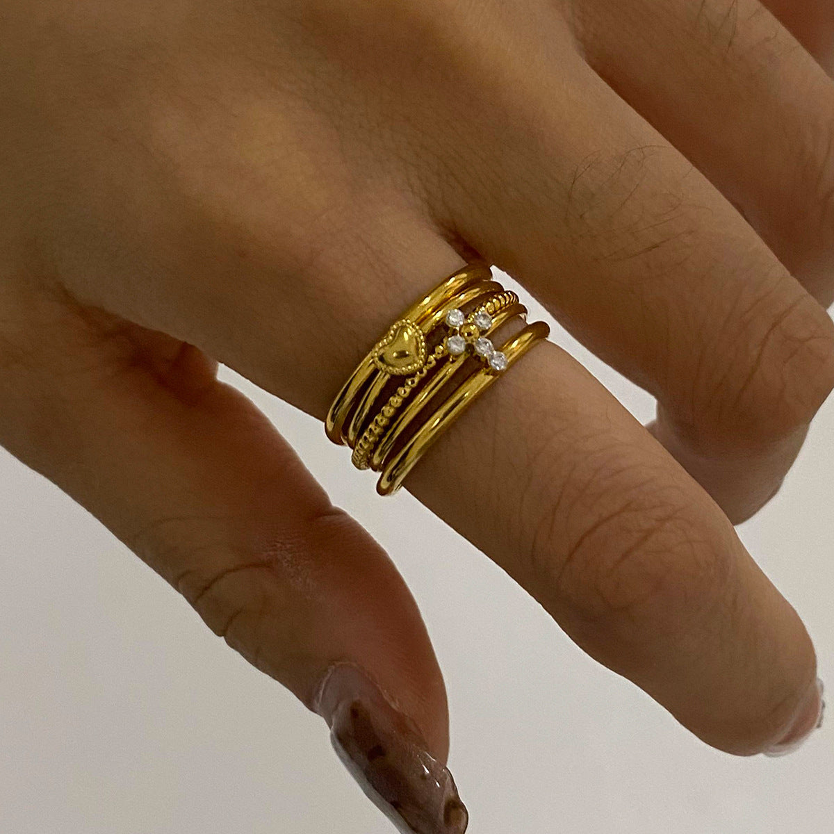 Bohemian Gold Stackable Rings – Mixed Shapes Cubic Zirconia Statement Ring Set for Women