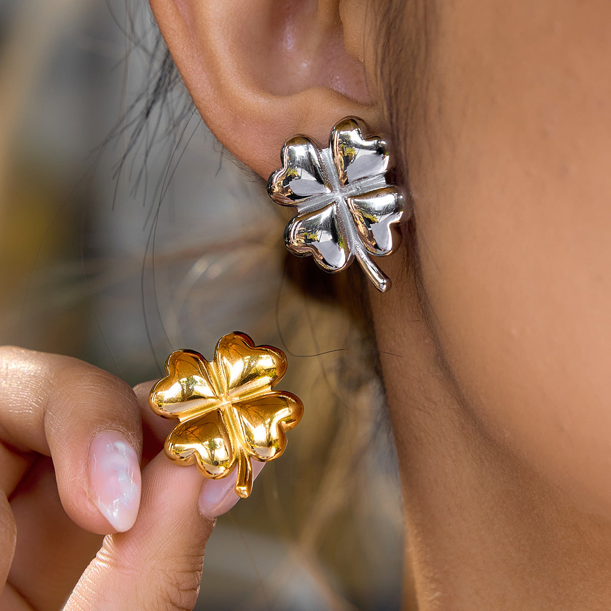 Stainless Steel Four-Leaf Clover Heart Earrings