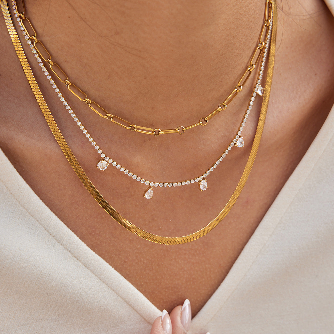 Layered Gold - Tone Necklaces with Crystal Drops