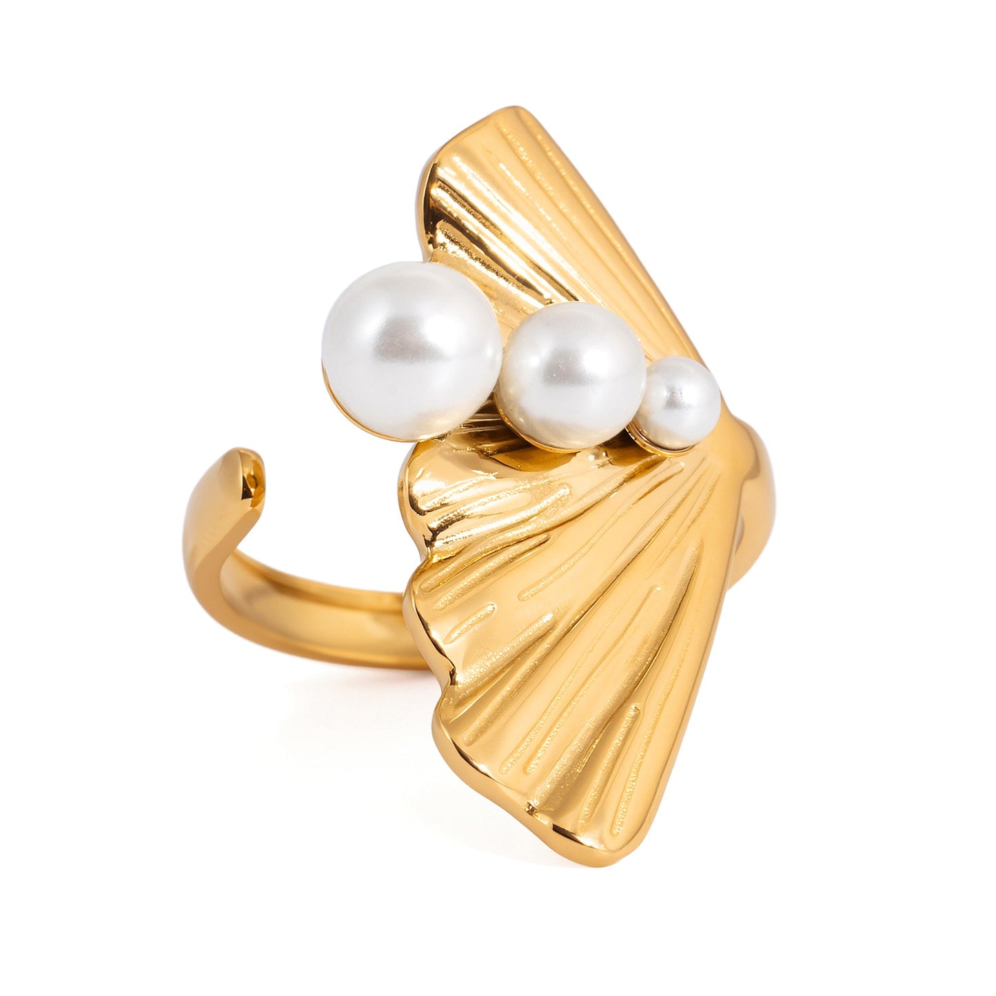 Vintage Pearl & Leaf Ring Set – Baroque Pearl, Open Band, Romantic Gold-Tone Jewelry for Women