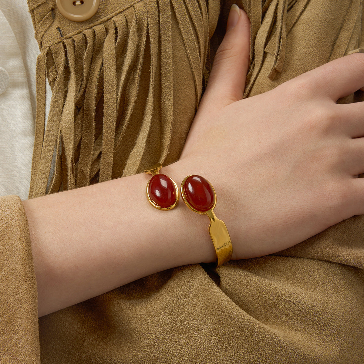Hammered Gold Cuff Bracelet with Oval Red Gemstone – Open Bangle for Women