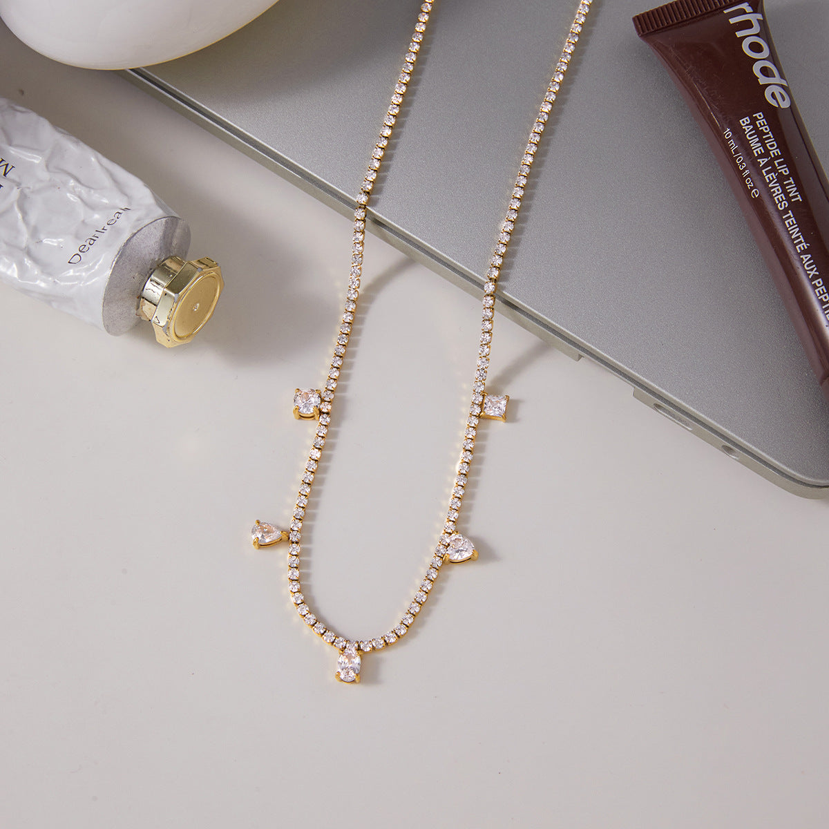 Layered Gold - Tone Necklaces with Crystal Drops