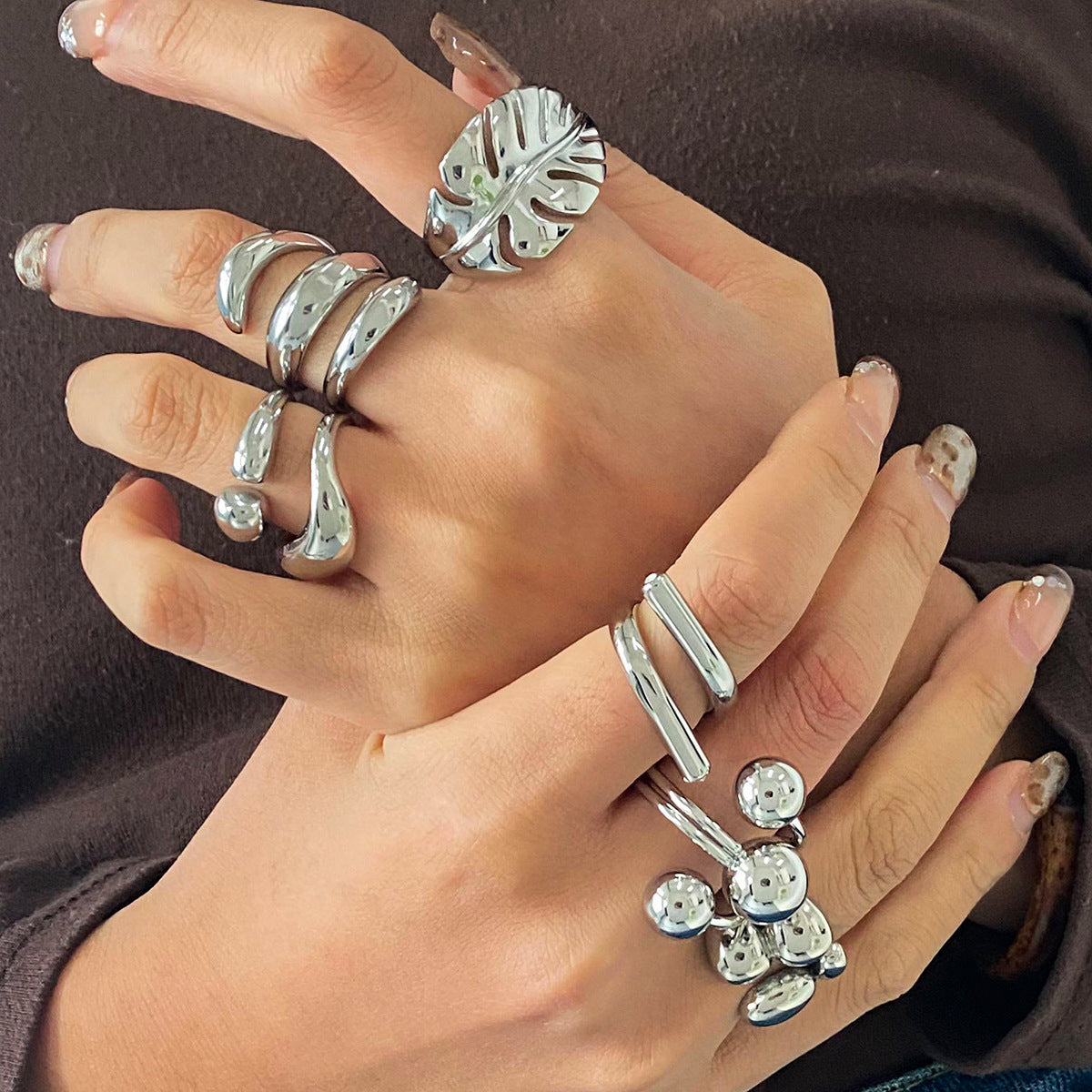 Silver Statement Rings Set – Sculptural Leaf, Stackable Bands & Joint Ring for Women