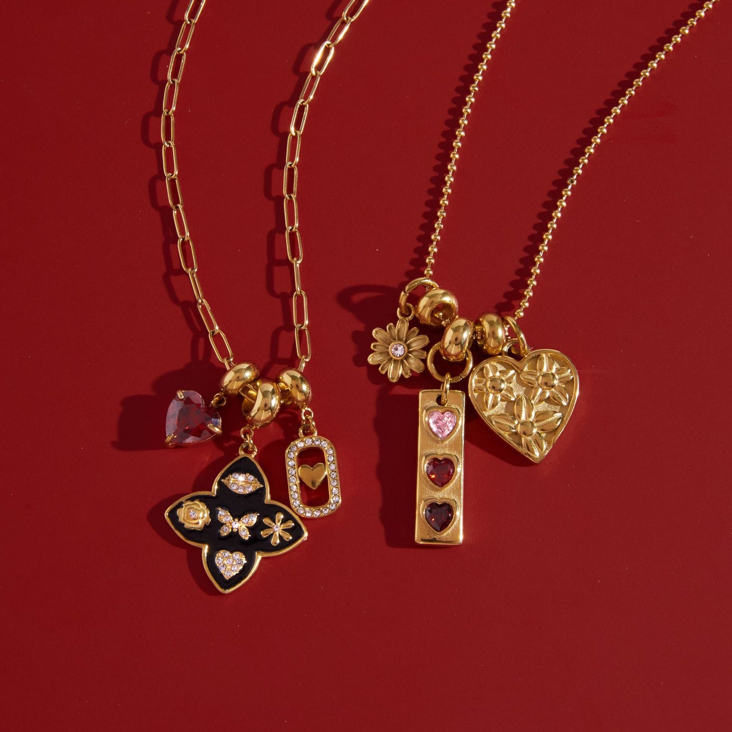 Gold - Plated Multicharm Necklace with Heart and Butterfly Charms