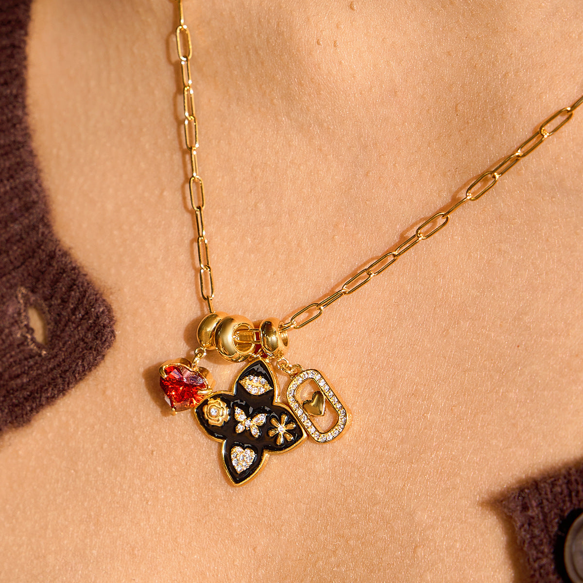 Gold - Plated Multicharm Necklace with Heart and Butterfly Charms