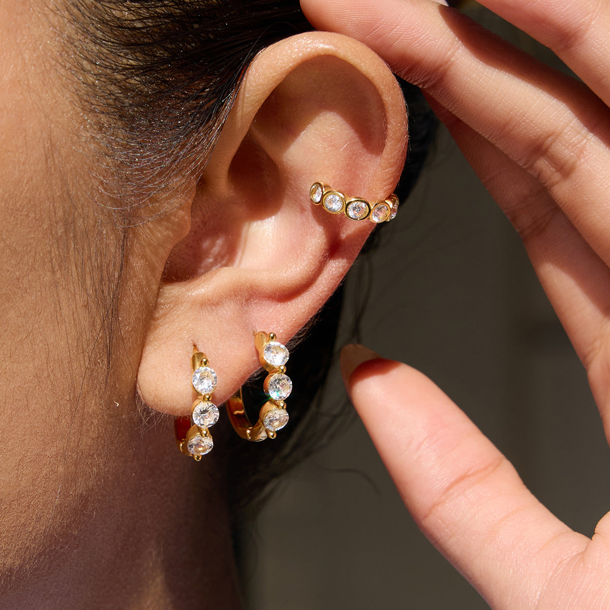 Gold - Plated Triple - Stone Hoop Earrings with Stud