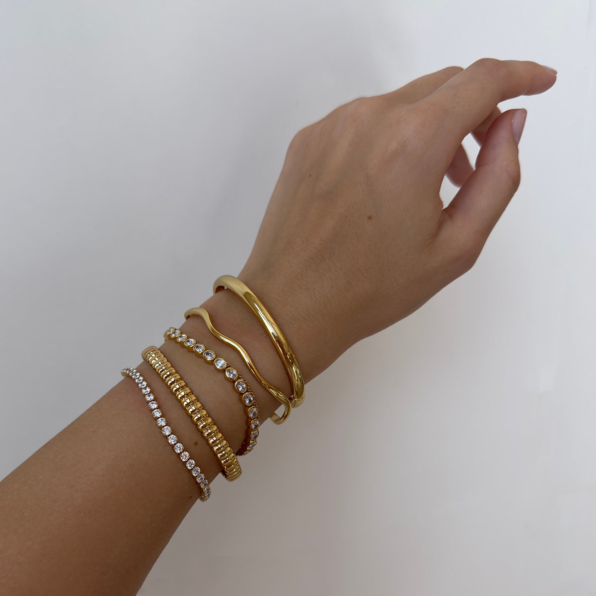 Gold Layered Bracelet Set with Braided, Cuban, Wave, Beaded & Plain Bangles