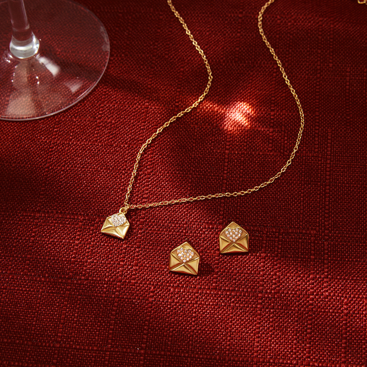 Dainty Gold - Plated Envelope Necklace with Crystal Accent - Delicate Chain Jewelry