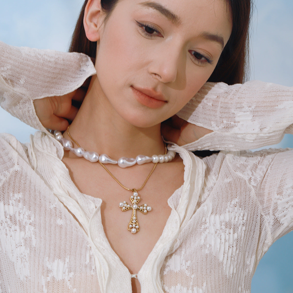 Stainless Steel Pearl Rosary Necklace