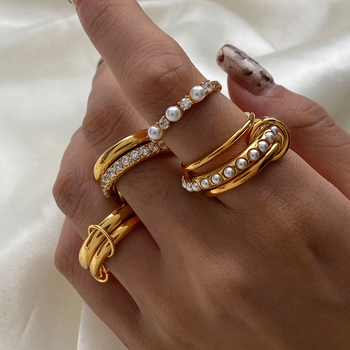 Gold-Tone Multi-Ring Set – Pearl, Zirconia, Stackable Fashion Rings for Women