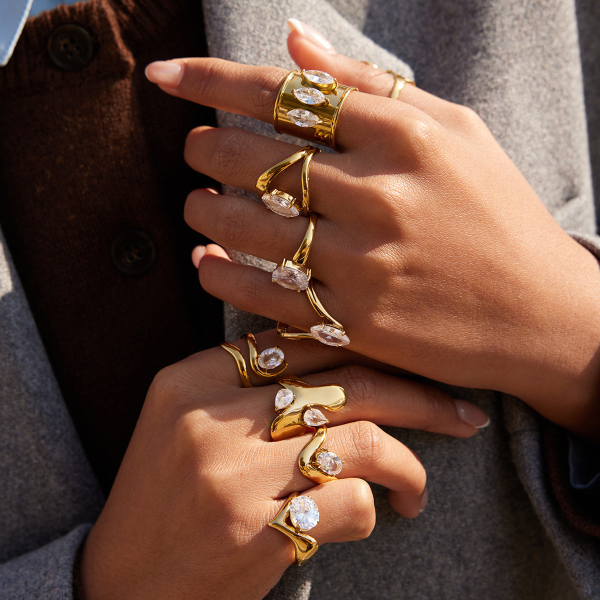 Gold-Tone Stackable Ring Set – Twisted, Snake, Bow Designs with Crystal Accents