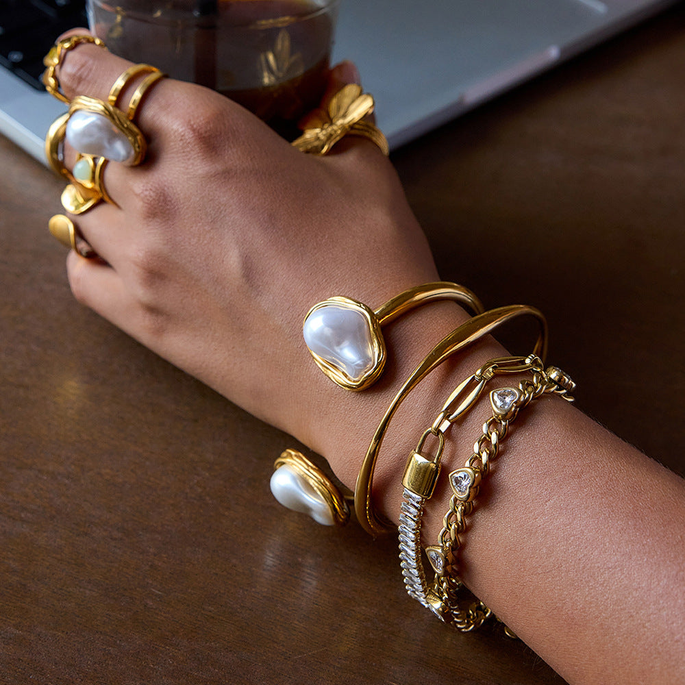 Layered Bracelet Set – Baroque Pearl, Heart Charms, Diamond-Accent Women’s Jewelry