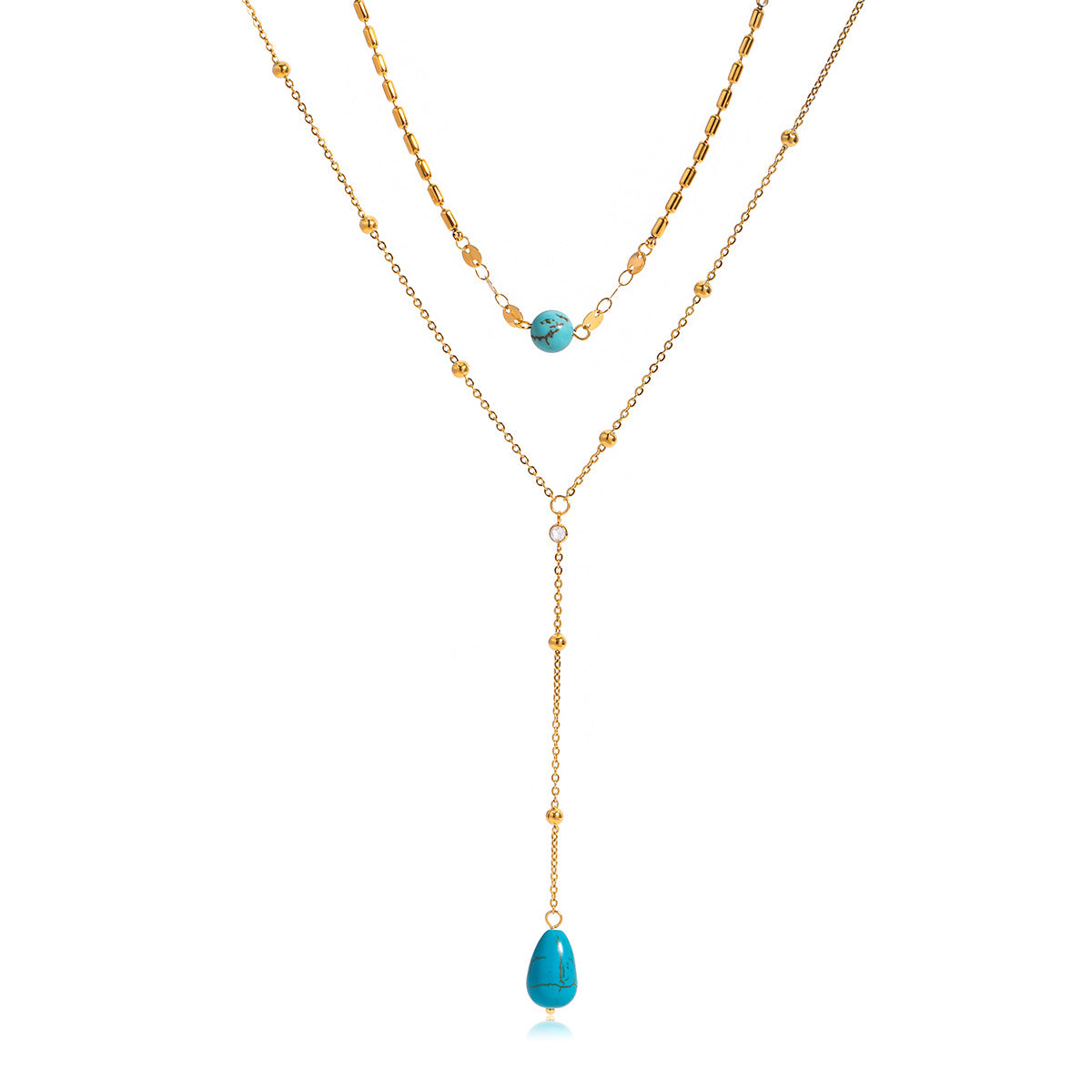 18K Gold Plated BlueTurquoise Y-Necklace – Layered Beaded Pendant, Boho Chic Style