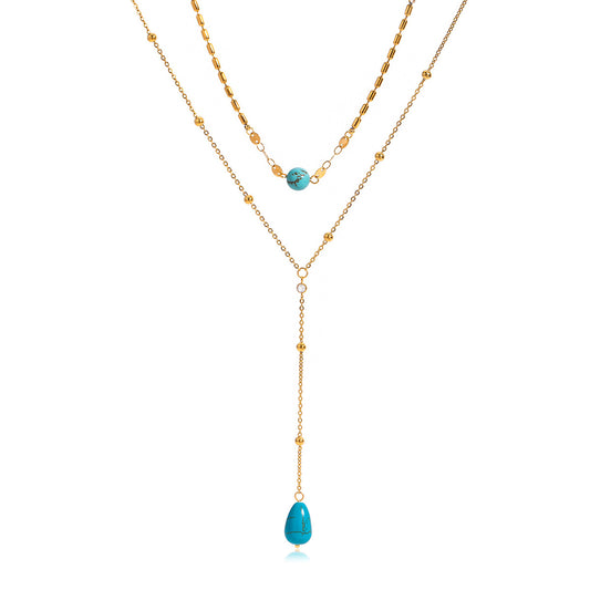 18K Gold Plated BlueTurquoise Y-Necklace – Layered Beaded Pendant, Boho Chic Style