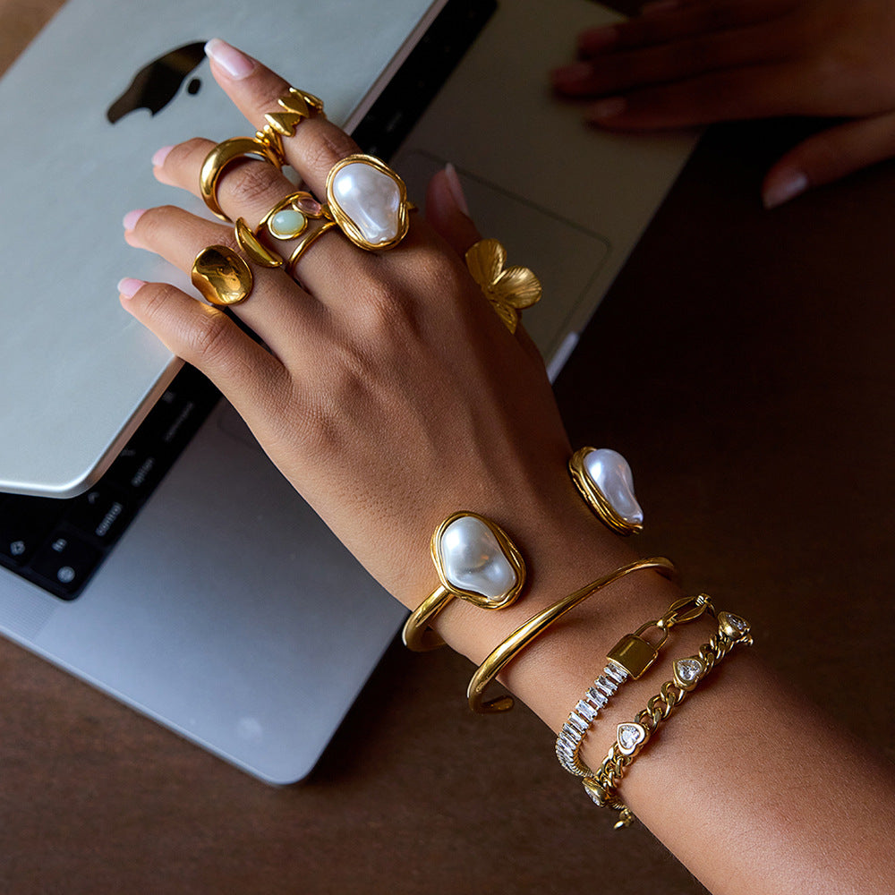 Layered Bracelet Set – Baroque Pearl, Heart Charms, Diamond-Accent Women’s Jewelry