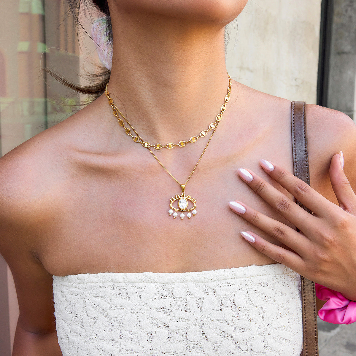 Golden Eye - shaped Pendant Necklace with Pearls