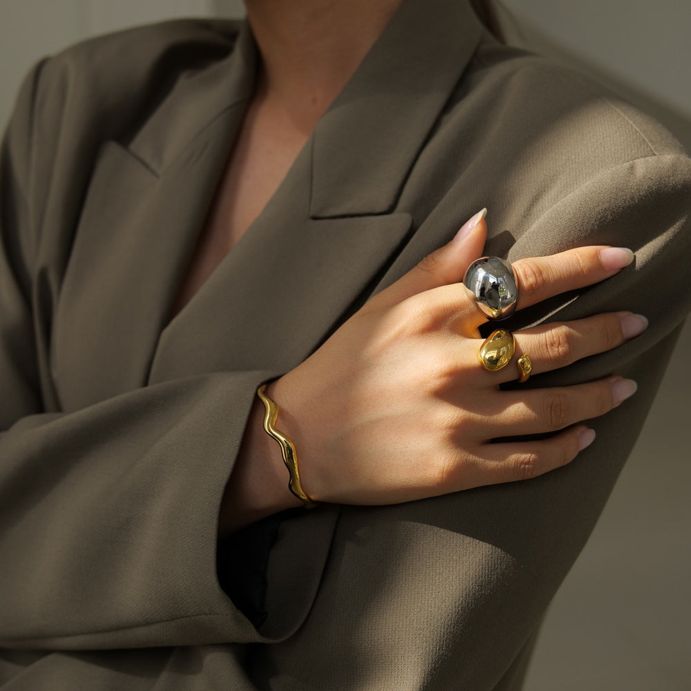 Gold & Silver Stackable Rings – Wide Textured Band, Wave Ring & Geometric Square Ring for Women