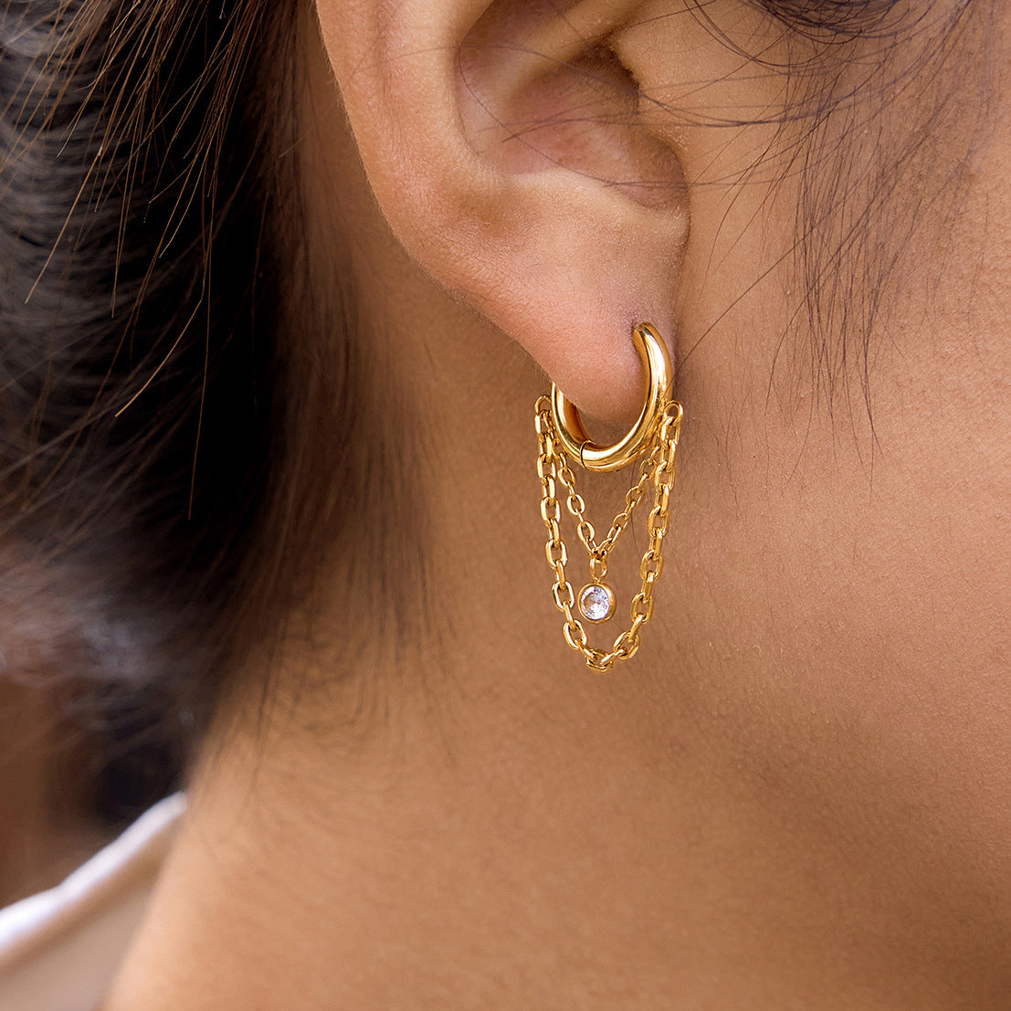 Gold - Plated Hoop Earrings with Chain and CZ Pendant